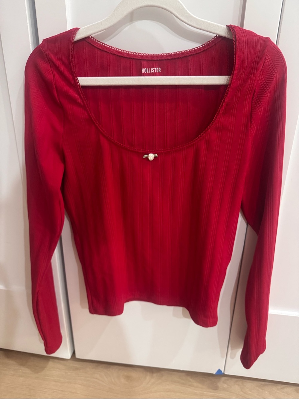 Hollister Red Ribbed Long Sleeve Scoop Neck Top with Rose accent